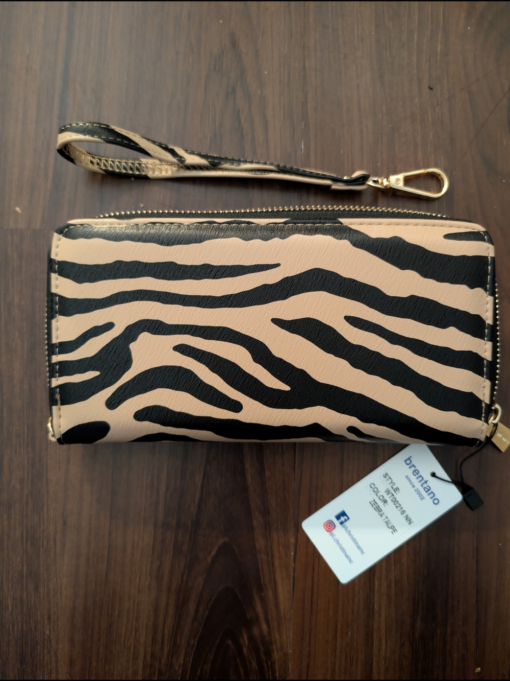 brentano Beige and Black Zebra Print Wristlet Wallet